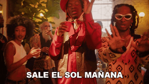 a group of people dancing with the words sale el sol manana written on the bottom
