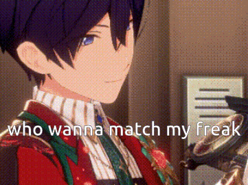 a close up of a anime character with the words `` who wanna match my freak '' written above him .