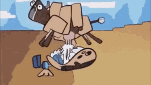 a cartoon of a cow being eaten by a sheep in the desert .