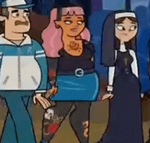 a group of cartoon characters are standing next to each other on a sidewalk .