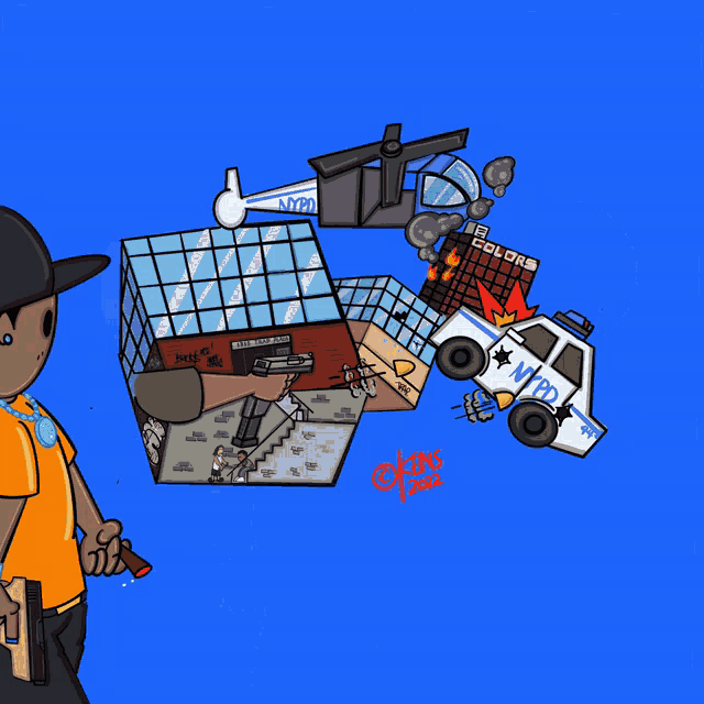 a cartoon of a man holding a gun and a nypd car
