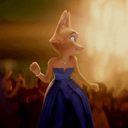 a fox in a blue dress is dancing in front of a crowd of people