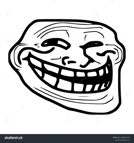 a black and white drawing of a troll face on a white background .