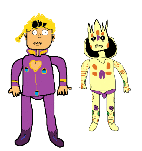 a drawing of a man in purple and a drawing of a man in yellow