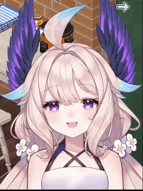 a close up of a girl with purple and blue wings on her head