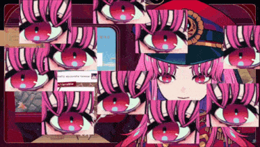 a girl with pink hair and red eyes is surrounded by a bunch of eyes