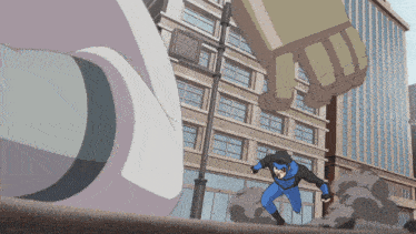 a cartoon of a man in a blue superhero suit