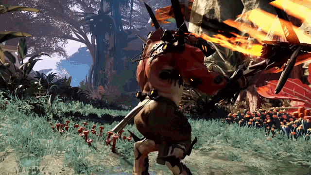 a video game character with horns and a sword in a field