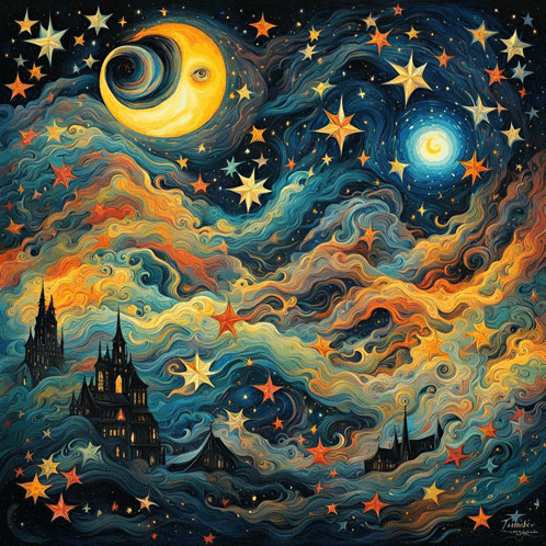 a painting of a night sky with a castle and a moon
