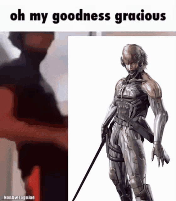 a picture of a man holding a sword next to a picture of a video game character
