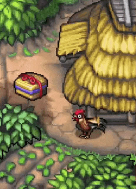 a pixel art of a rooster standing next to a thatched roofed building
