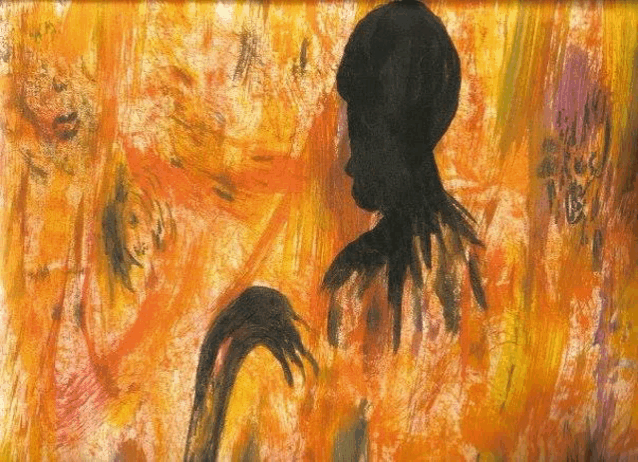 a painting of a silhouette of a person against a yellow background