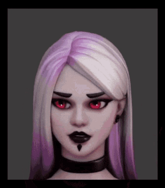 a girl with purple and white hair and red eyes is wearing a choker and earrings .