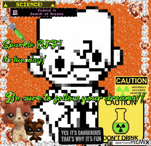 a pixel art of a skeleton with a caution sign