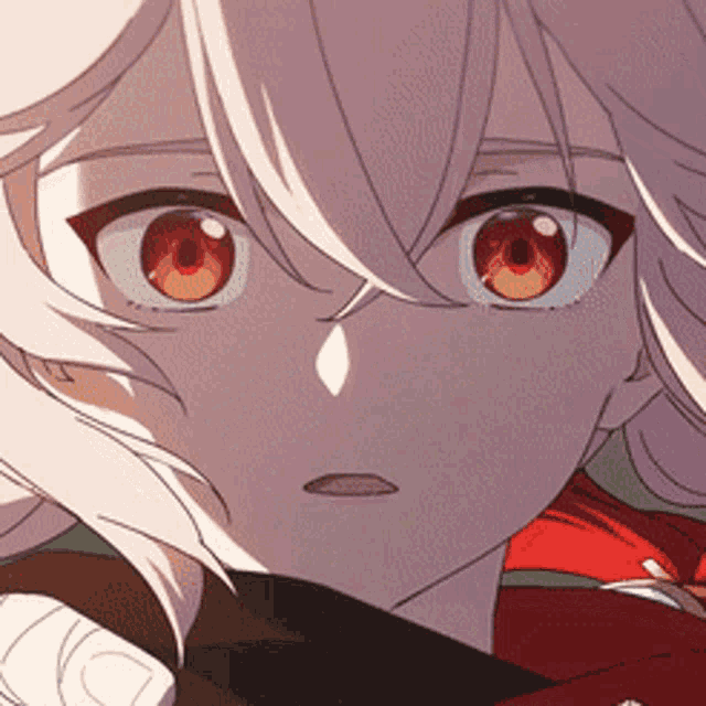 a close up of a anime character with red eyes
