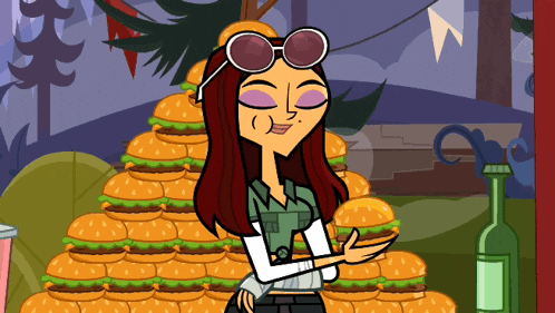 a cartoon girl standing in front of a stack of hamburgers