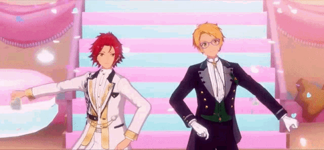 two anime characters are standing next to each other on a pink and blue staircase .