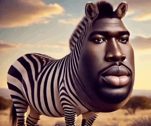 a zebra with a man 's face on it 's back