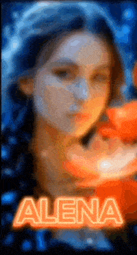 a blurry picture of a woman 's face with the name alena glowing in the background .