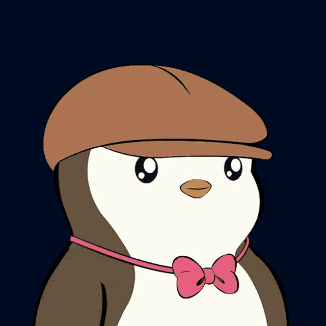 a penguin wearing a hat and a pink bow tie holds a cell phone