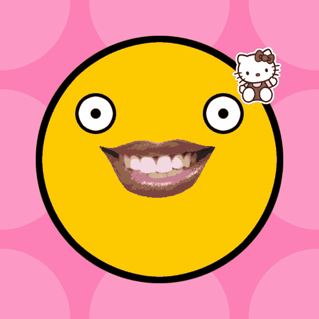 a yellow smiley face with a hello kitty sticker on top of it
