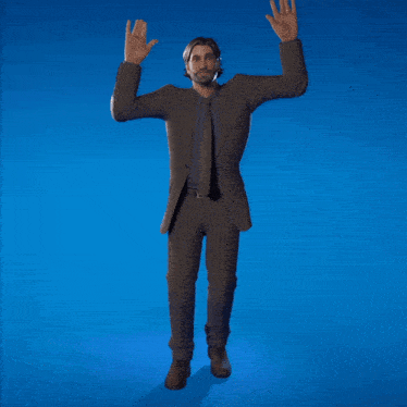 a man in a suit and tie is standing on one leg with his arms outstretched