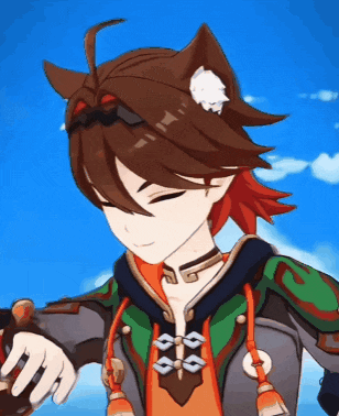 a cartoon character with a cat ear on his head looks down