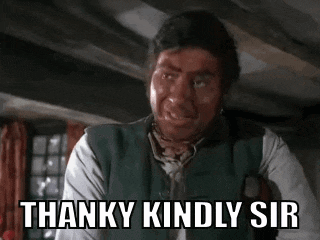 a man with blood on his face is making a funny face and saying `` thanky kindly sir '' .