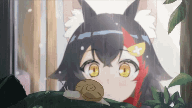 a girl with a snail in her mouth is looking out a window
