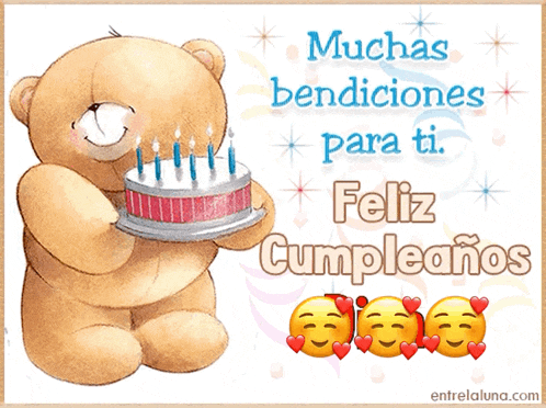 a teddy bear is holding a cake with candles and says muchas bendiciones para ti