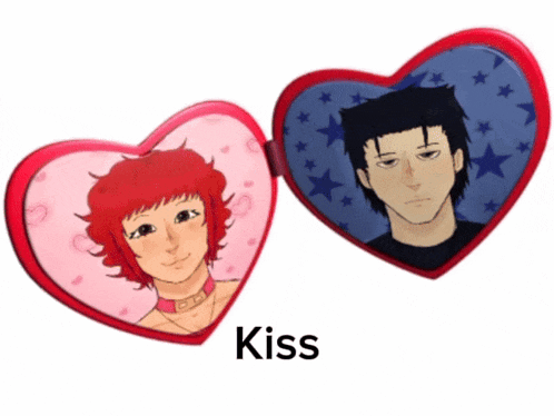 a picture of a man and a woman in a heart shaped mirror with the word kiss below them
