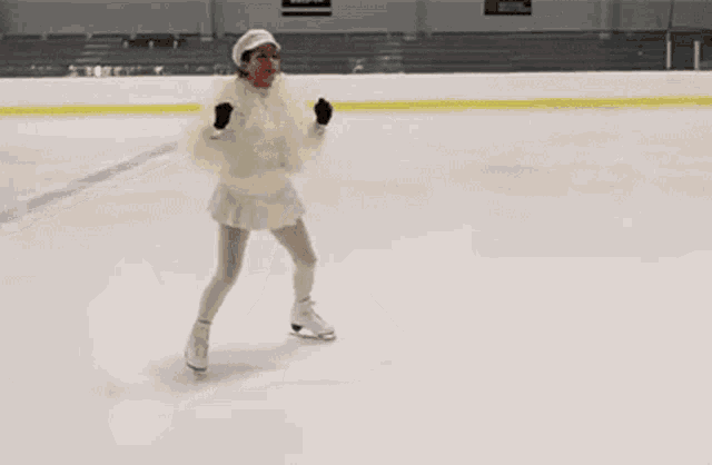 a woman is standing on a ice rink wearing a white fur coat and ice skates .