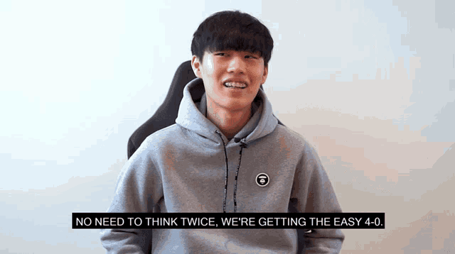 a man in a grey hoodie says " no need to think twice we 're getting the easy 4-o "