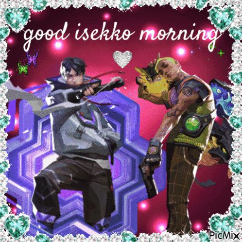 a picture of a man with a gun and the words good isekko morning