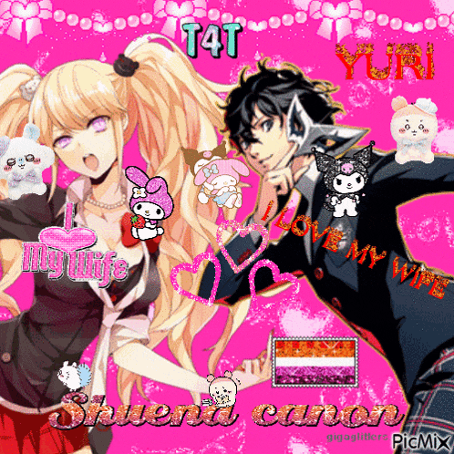 a couple of anime characters are standing next to each other on a pink background with the words love my wife on it
