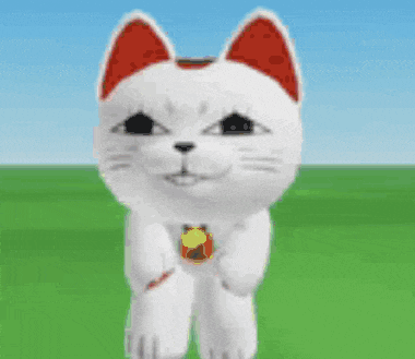 a white cat with red ears and black eyes is standing in a grassy field .