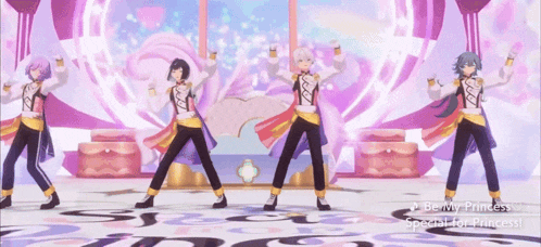 a group of anime characters are dancing on a stage with the words be my princess special for princess written below them