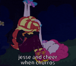 a cartoon of sunset shimmer and pinkie pie laying down with the words jesse and cheer when churros