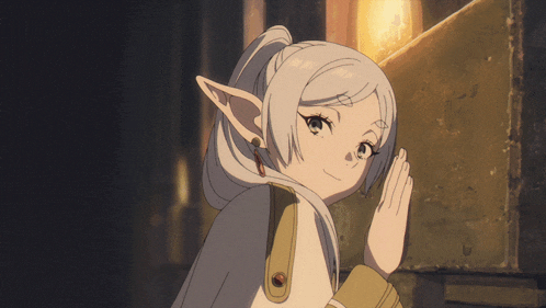 a cartoon character with white hair and ears looks at the camera