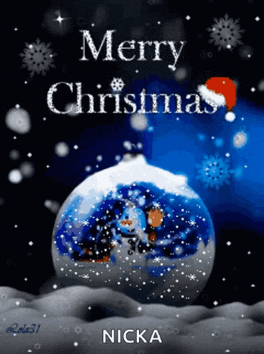 a merry christmas greeting card with a snow globe