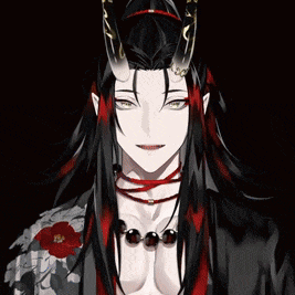 a woman with long black hair and horns is wearing a necklace with red beads