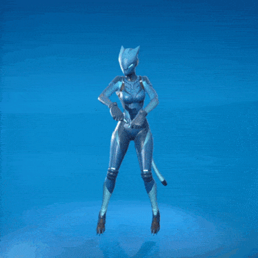 a woman in a blue suit with a cat on her head stands on a blue background