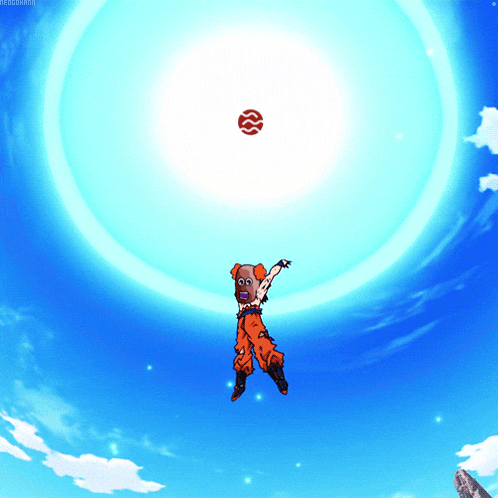 a cartoon character is flying through the air with a circle in the sky