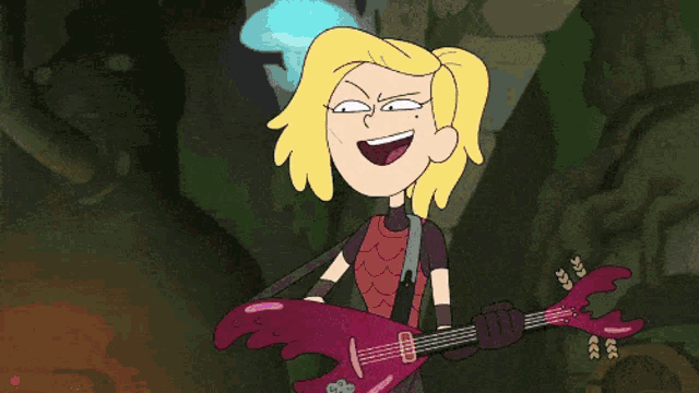 a cartoon character is playing a pink guitar with a purple flower on it