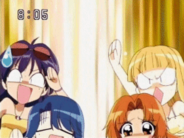 three anime girls are making funny faces with the time 8:05