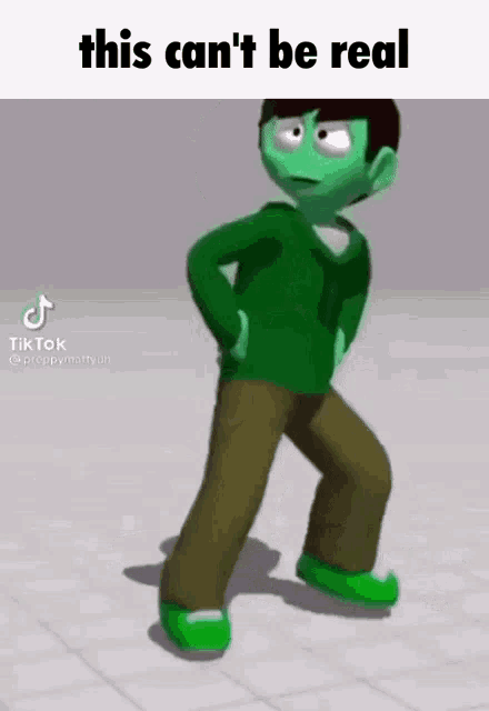 a green cartoon character is dancing with the caption this can 't be real ..