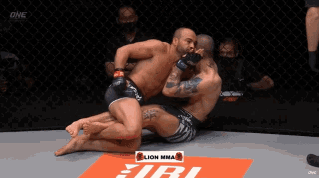 two men are wrestling in a cage with a lion mma logo on the floor