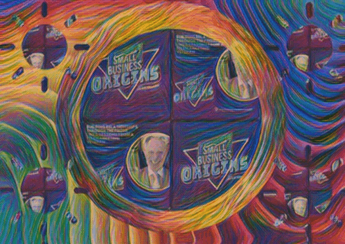 a colorful painting with small business origins written on the bottom