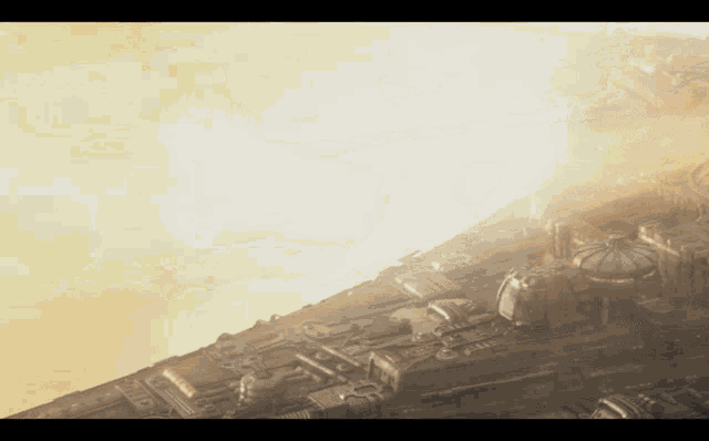 a computer generated image of a space ship with the sun shining through the clouds