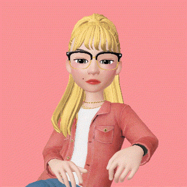 a cartoon girl wearing glasses and a red jacket is pointing upwards